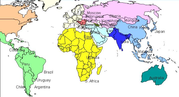 Figure 1: Major regions of the world for PingER aggregation by regions