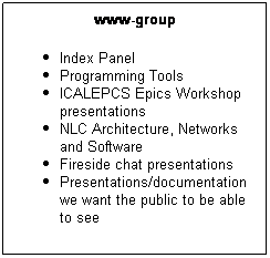 Text Box: www-group
Index Panel
Programming Tools
ICALEPCS Epics Workshop presentations
NLC Architecture, Networks and Software
Fireside chat presentations
Presentations/documentation we want the public to be able to see
